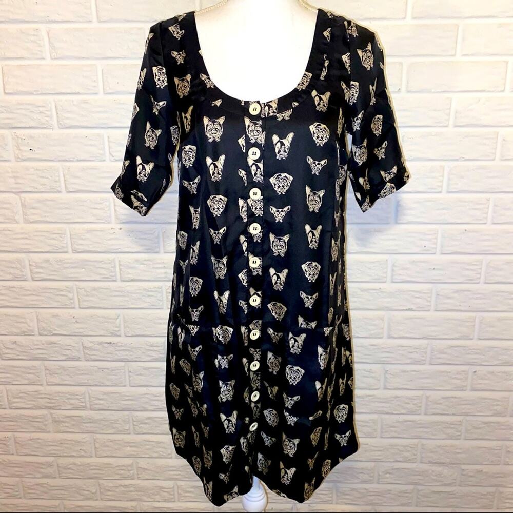 Anthropologie Maeve Dog Print Button Front Silk Mini Dress, Black, Size XS